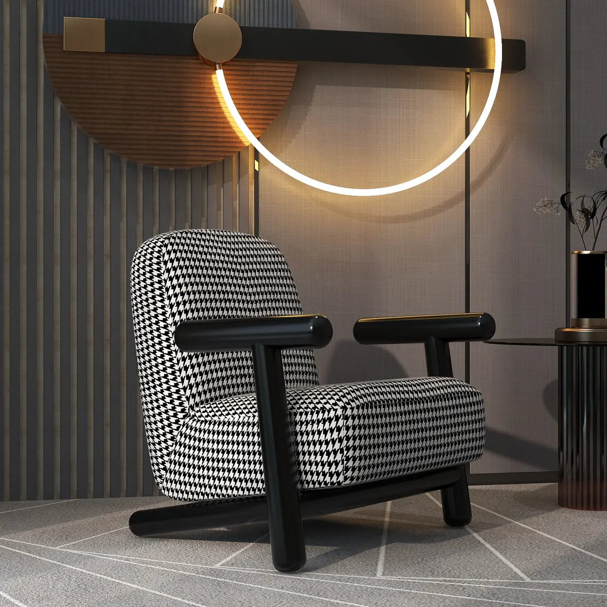 Modern Houndstooth Wood Lounge Accent Chair with Arms Image - 2