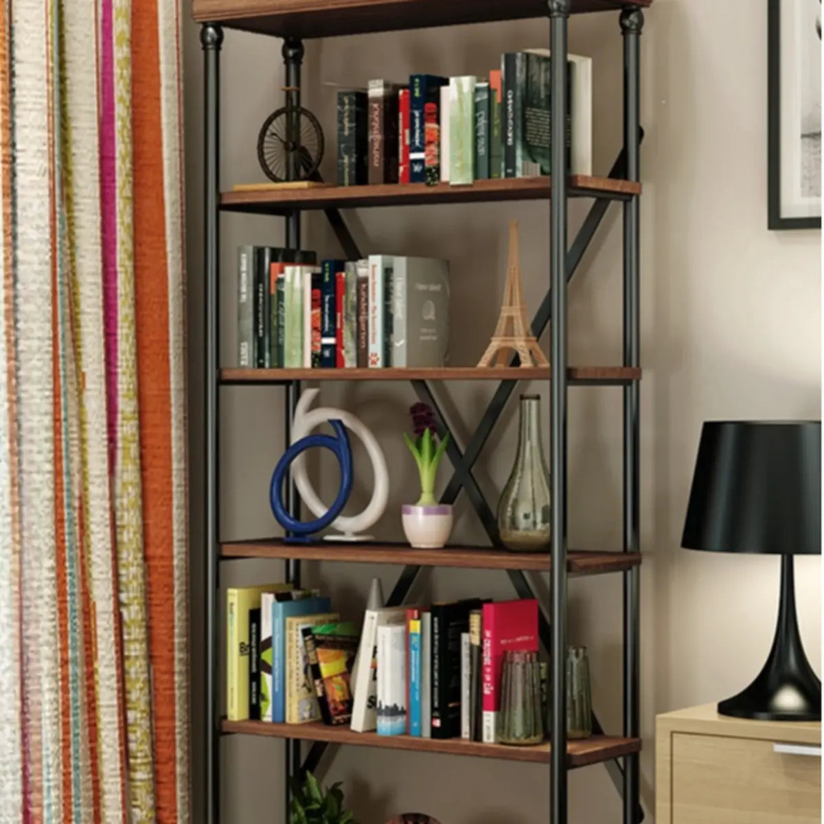 Modern Industrial 5-Tier Metal Frame Black Bookshelf Image - 1