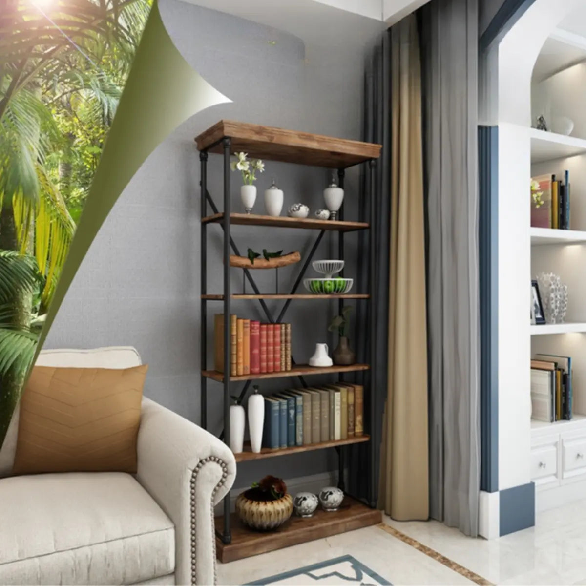 Modern Industrial 5-Tier Metal Frame Black Bookshelf Image - 10