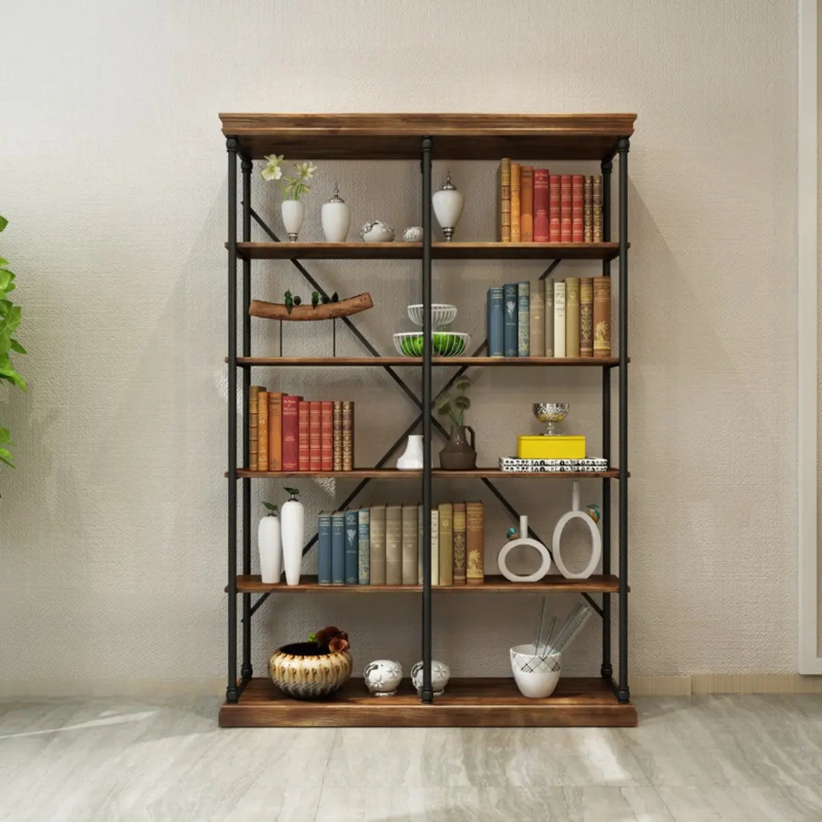 Modern Industrial 5-Tier Metal Frame Black Bookshelf Image - 11