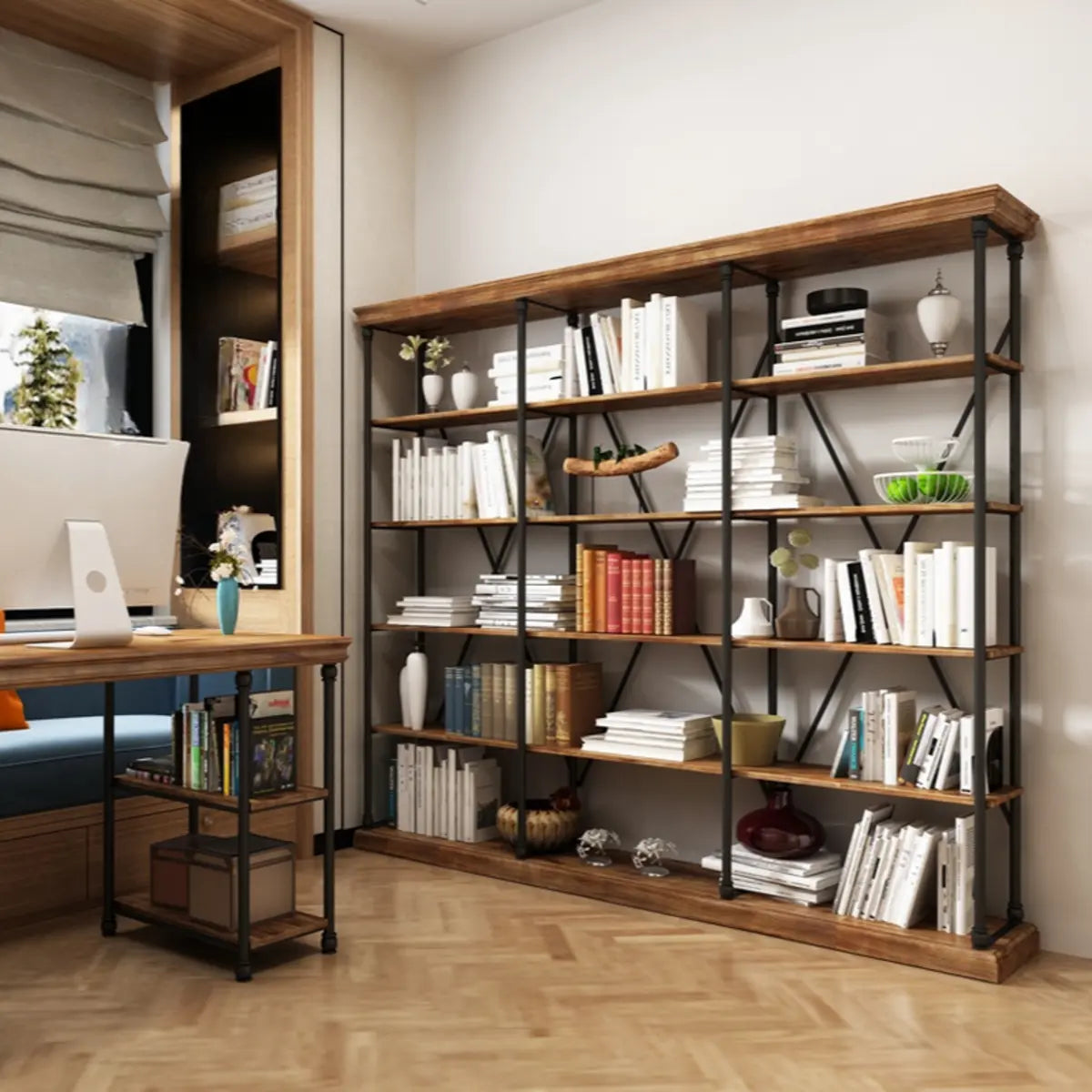 Modern Industrial 5-Tier Metal Frame Black Bookshelf Image - 12