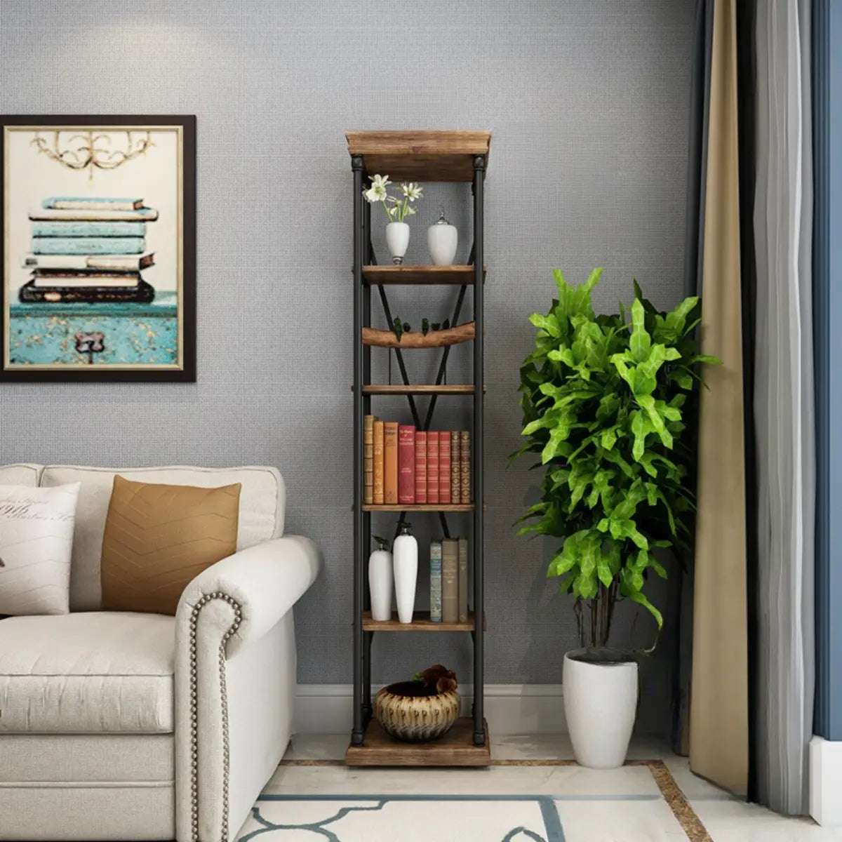 Modern Industrial 5-Tier Metal Frame Black Bookshelf Image - 2