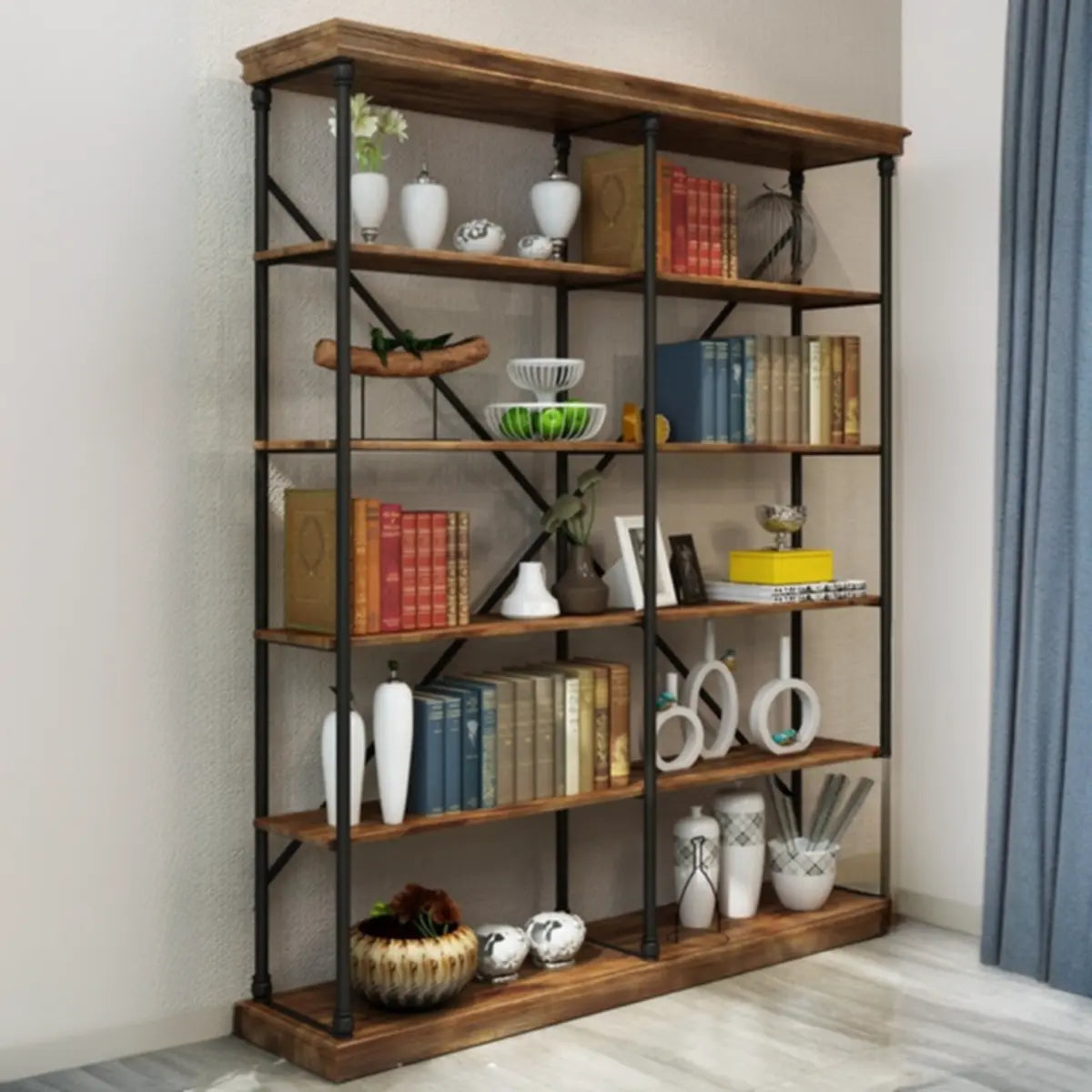Modern Industrial 5-Tier Metal Frame Black Bookshelf Image - 3