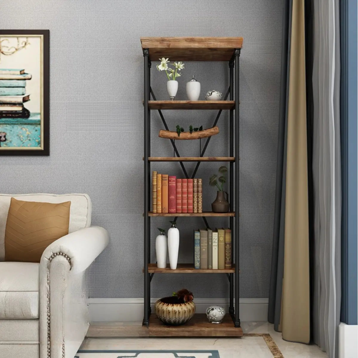 Modern Industrial 5-Tier Metal Frame Black Bookshelf Image - 4