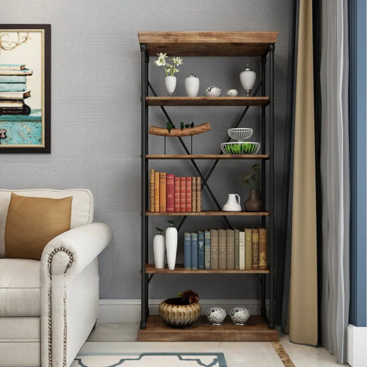 Modern Industrial 5-Tier Metal Frame Black Bookshelf Image - 5
