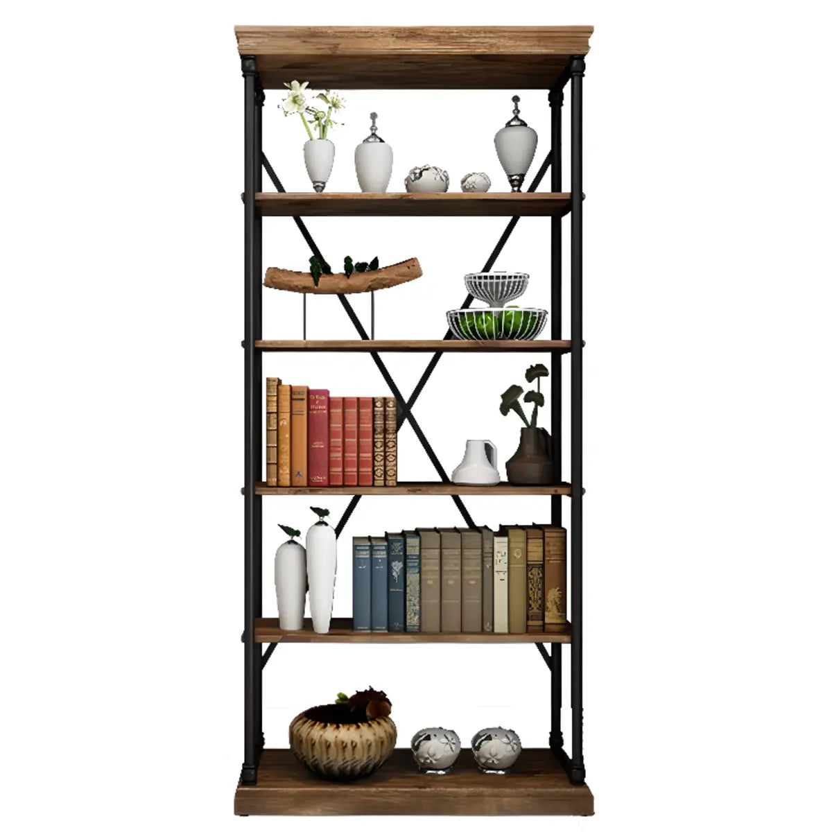 Modern Industrial 5-Tier Metal Frame Black Bookshelf Image - 6