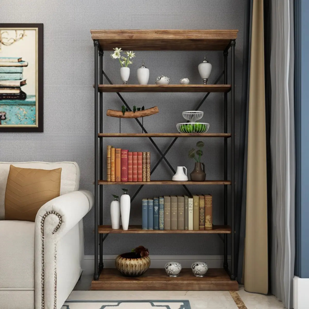 Modern Industrial 5-Tier Metal Frame Black Bookshelf Image - 7