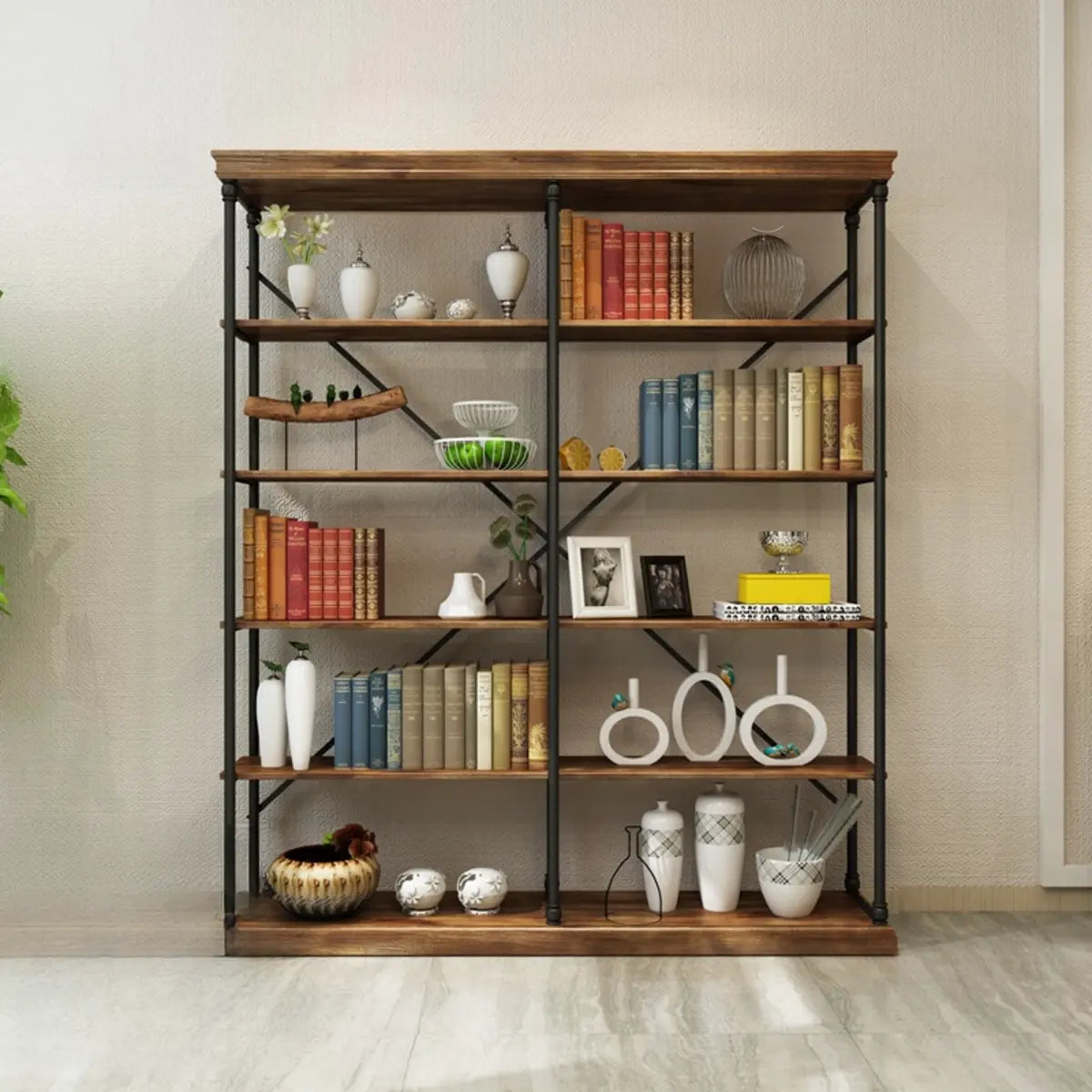 Modern Industrial 5-Tier Metal Frame Black Bookshelf Image - 9