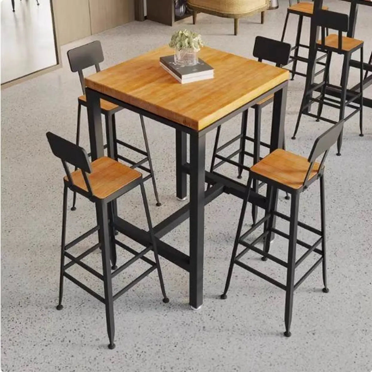 Modern Industrial Square Bar Height Cafe Table with Footrest Image - 1