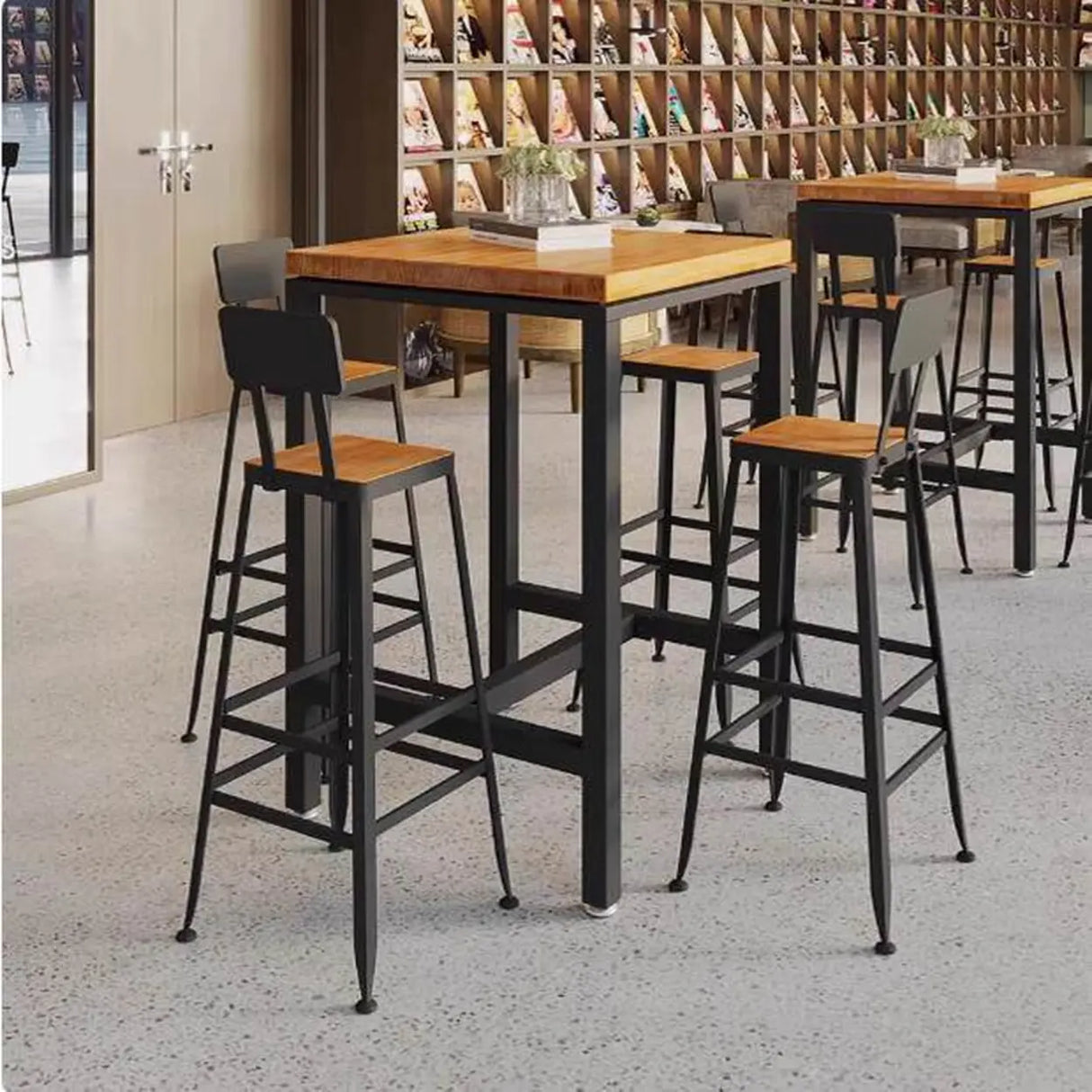 Modern Industrial Square Bar Height Cafe Table with Footrest Image - 4