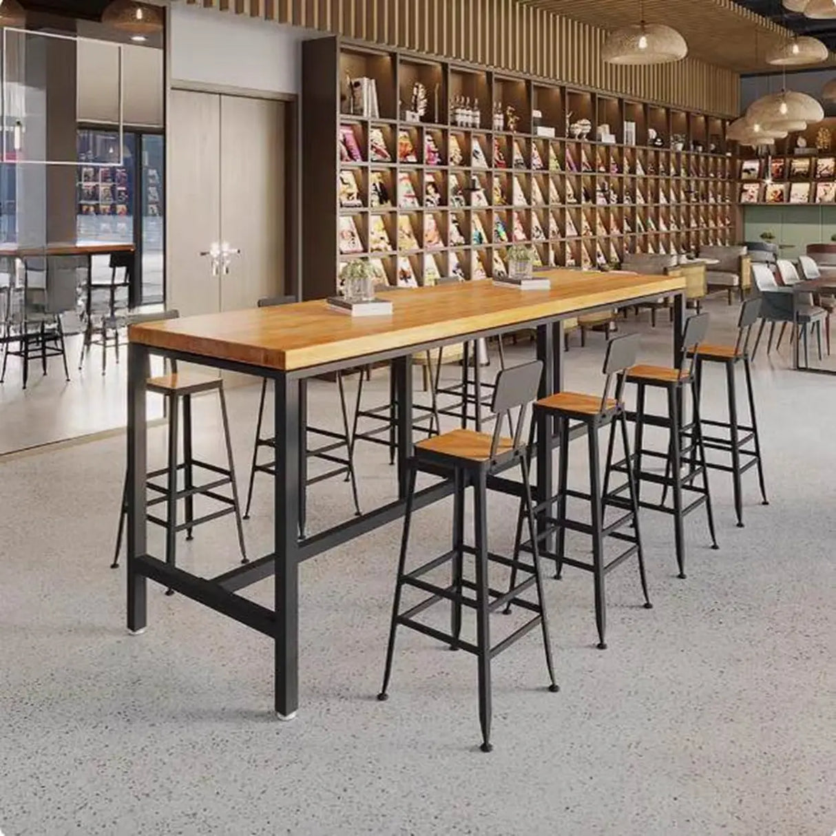 Modern Industrial Square Bar Height Cafe Table with Footrest Image - 6