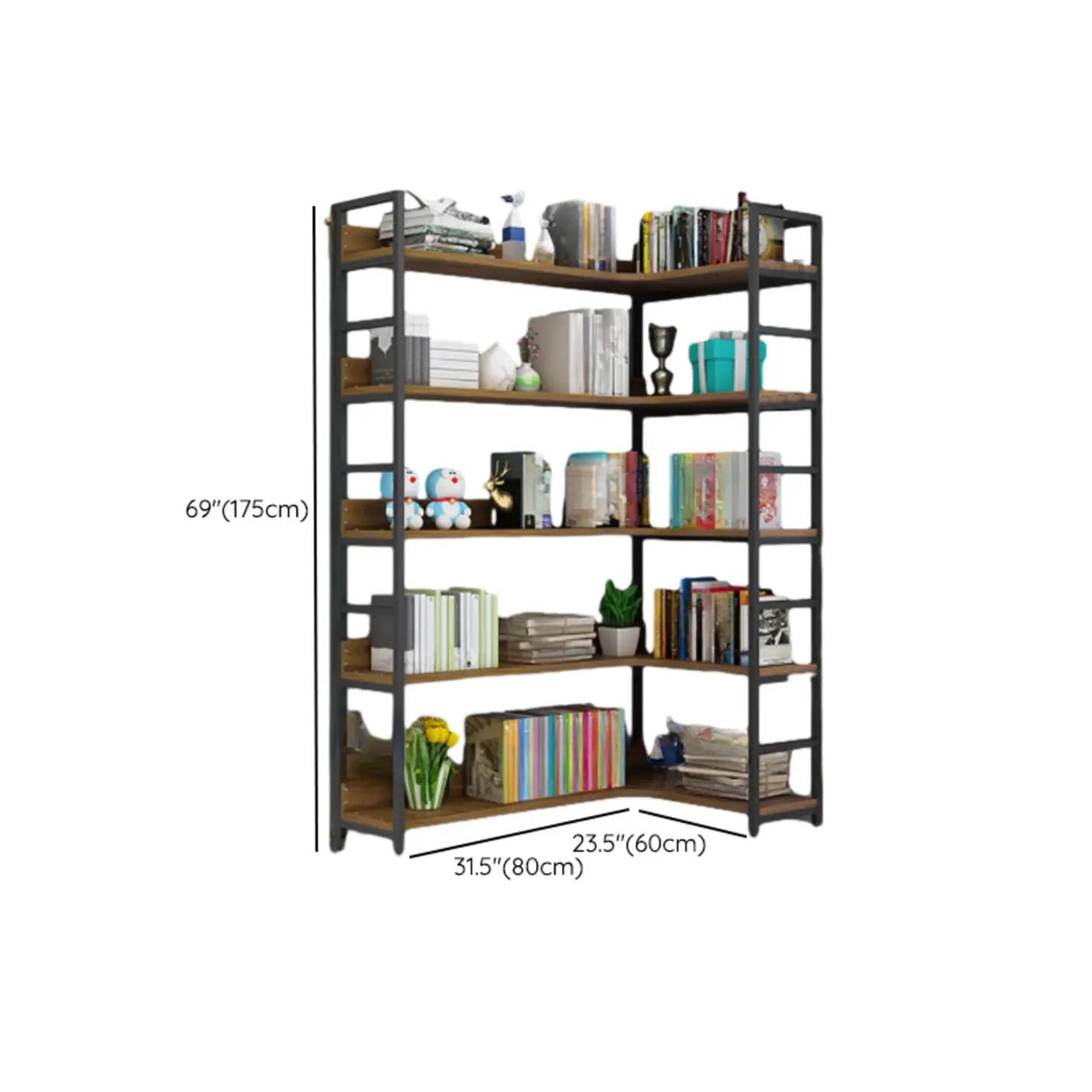Modern Industrial Wood Metal Frame Corner Bookshelf Image - 12