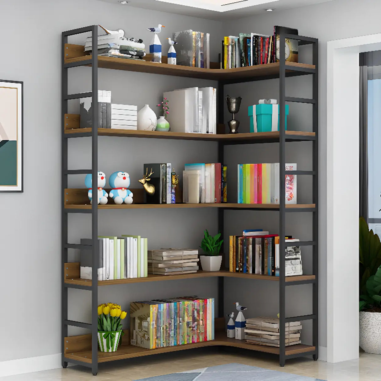 Modern Industrial Wood Metal Frame Corner Bookshelf Image - 1