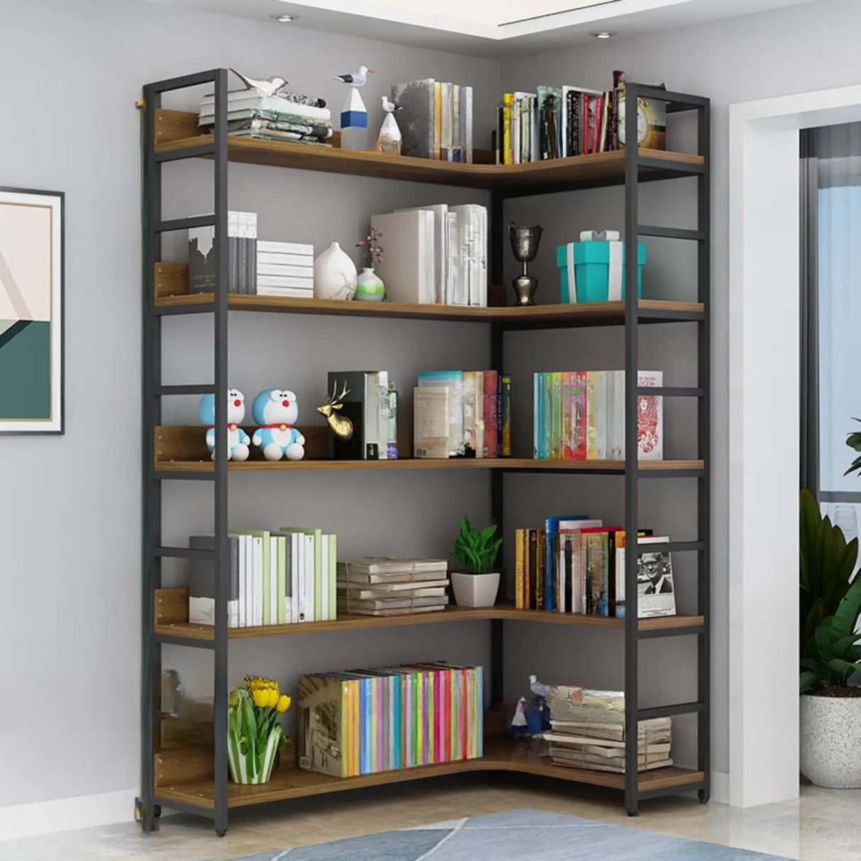 Modern Industrial Wood Metal Frame Corner Bookshelf Image - 2
