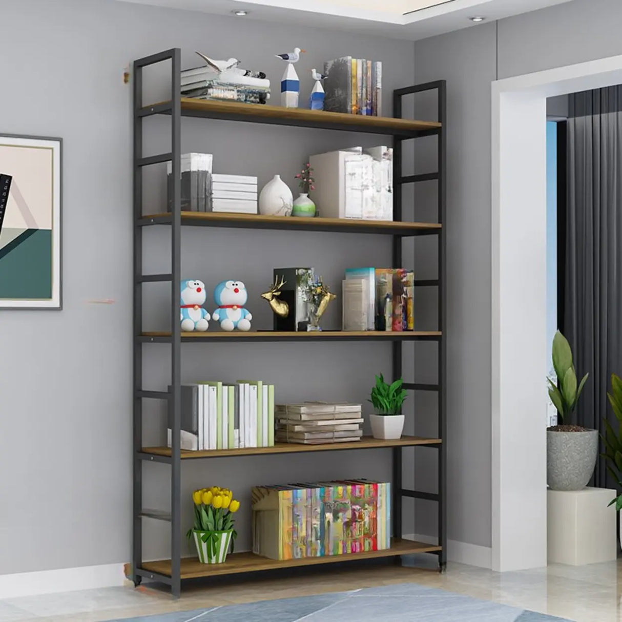 Modern Industrial Wood Metal Frame Corner Bookshelf Image - 3