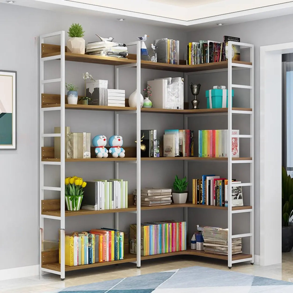 Modern Industrial Wood Metal Frame Corner Bookshelf Image - 4
