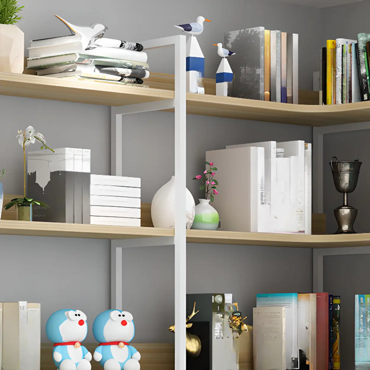Modern Industrial Wood Metal Frame Corner Bookshelf Image - 6
