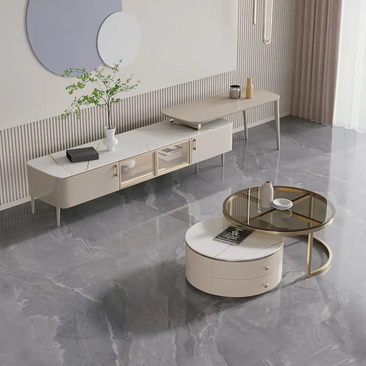 Modern Khaki Marble TV Stand with Cabinet Storage Image - 1