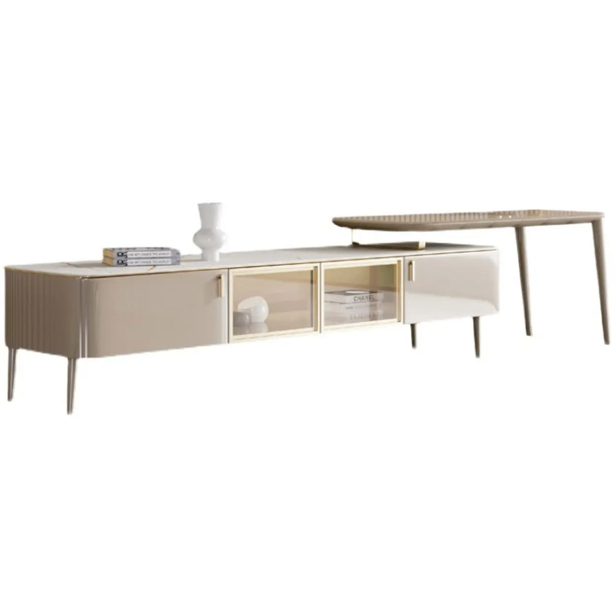 Modern Khaki Marble TV Stand with Cabinet Storage Image - 2