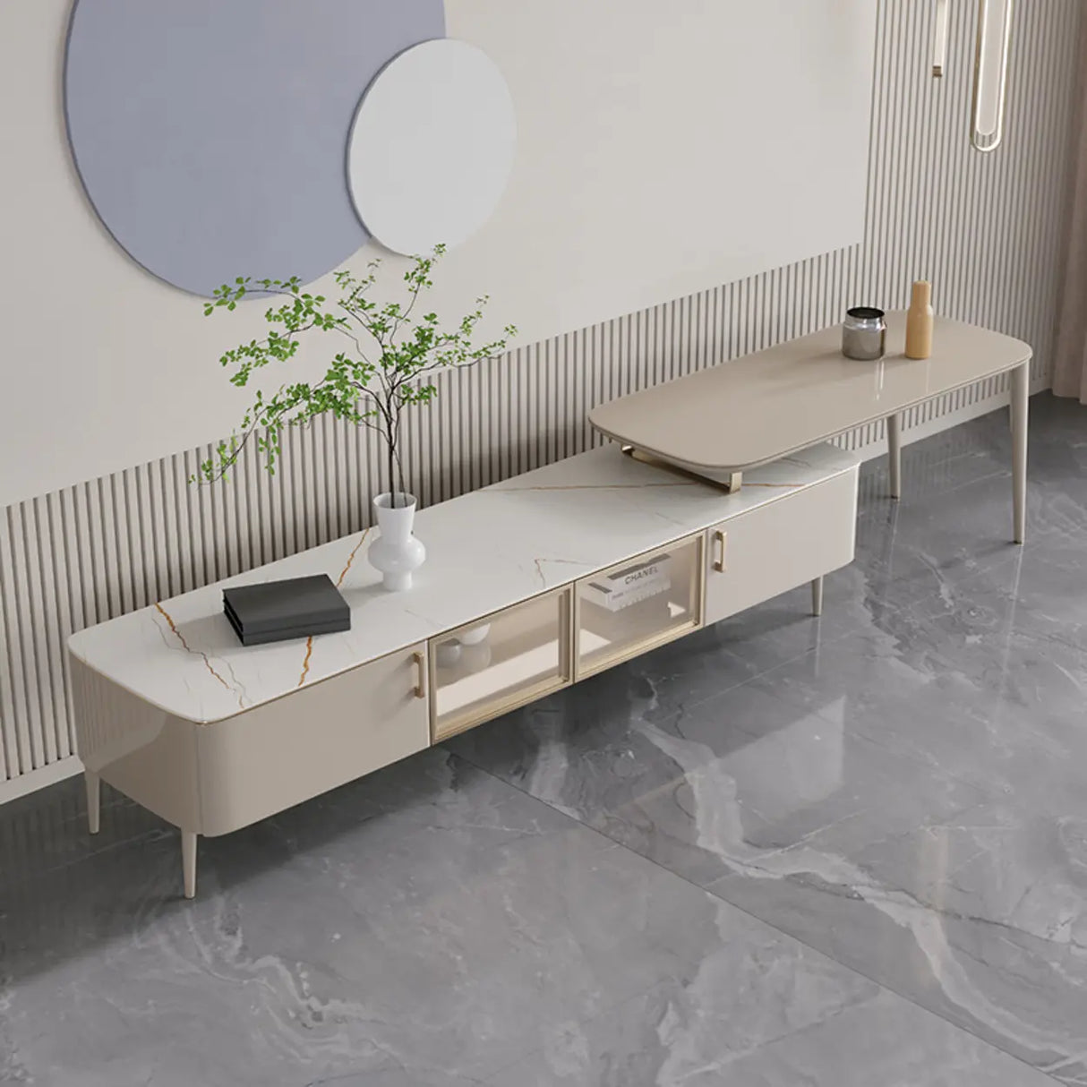 Modern Khaki Marble TV Stand with Cabinet Storage Image - 3