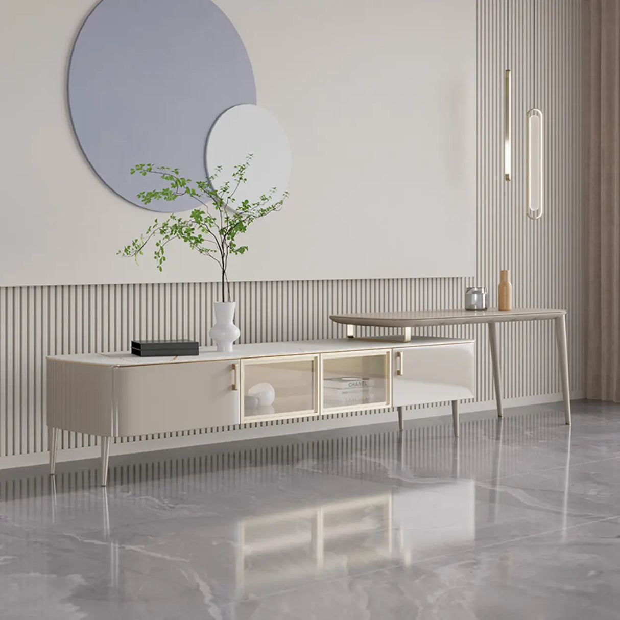 Modern Khaki Marble TV Stand with Cabinet Storage Image - 4