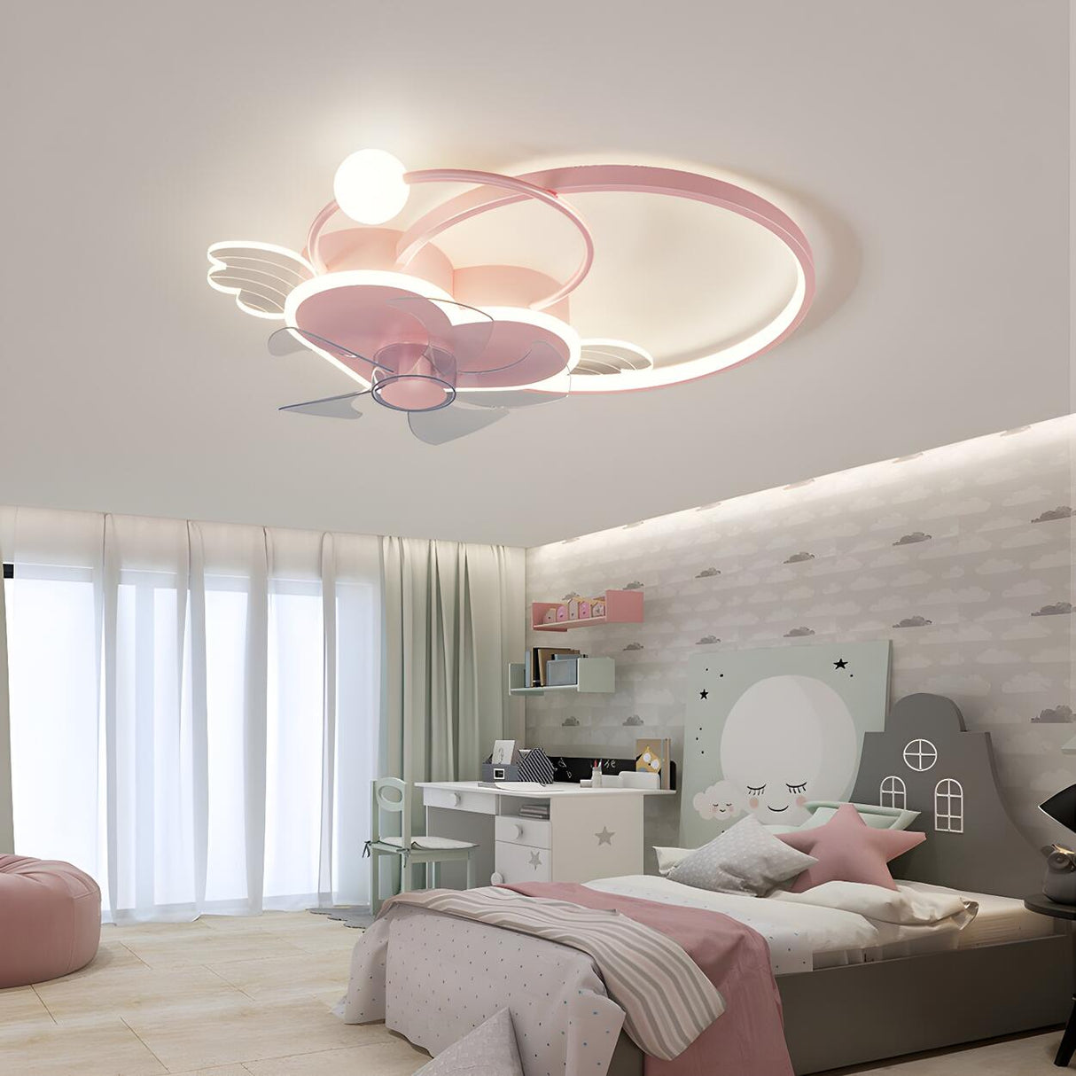 Modern Kids Room Love Heart Ring Ceiling Fan with Light Image - 1