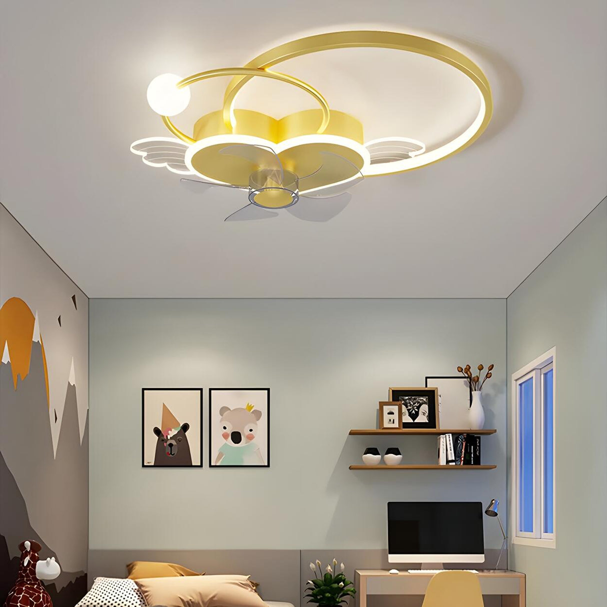 Modern Kids Room Love Heart Ring Ceiling Fan with Light Image - 13