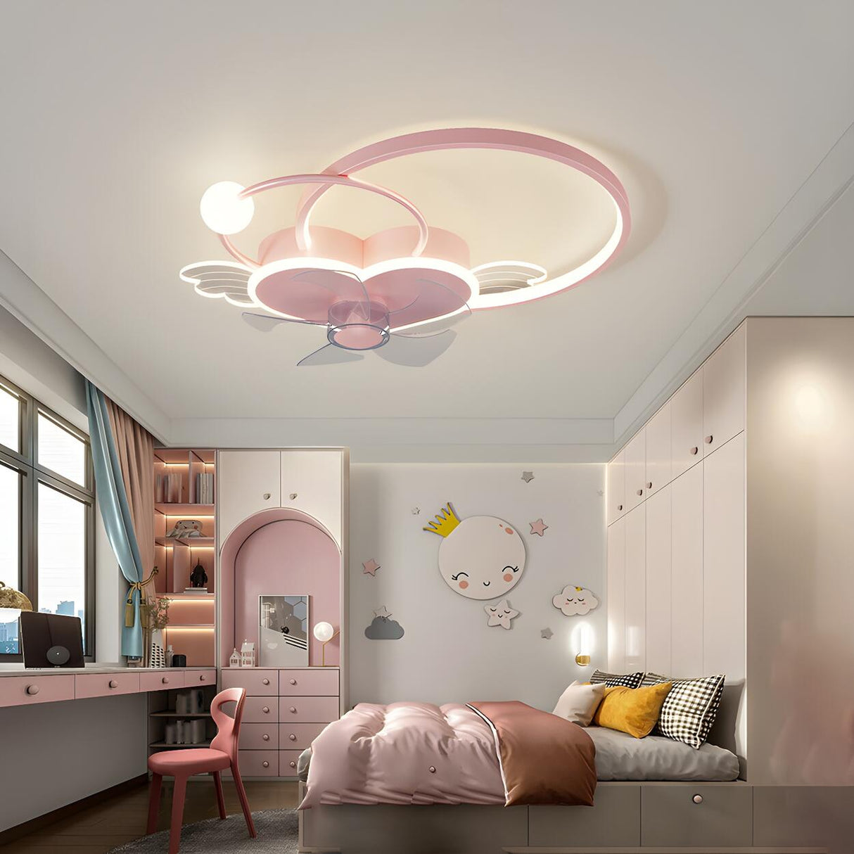 Modern Kids Room Love Heart Ring Ceiling Fan with Light Image - 4