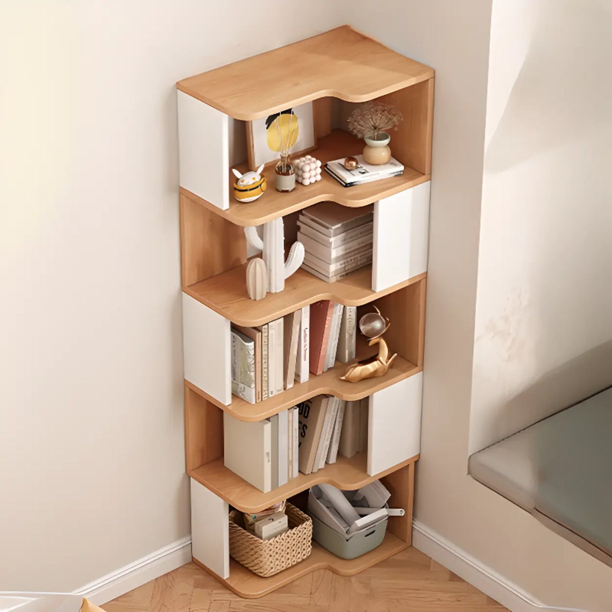Modern Kids Room Open Back Vertical Wood Corner Bookshelf Image - 11
