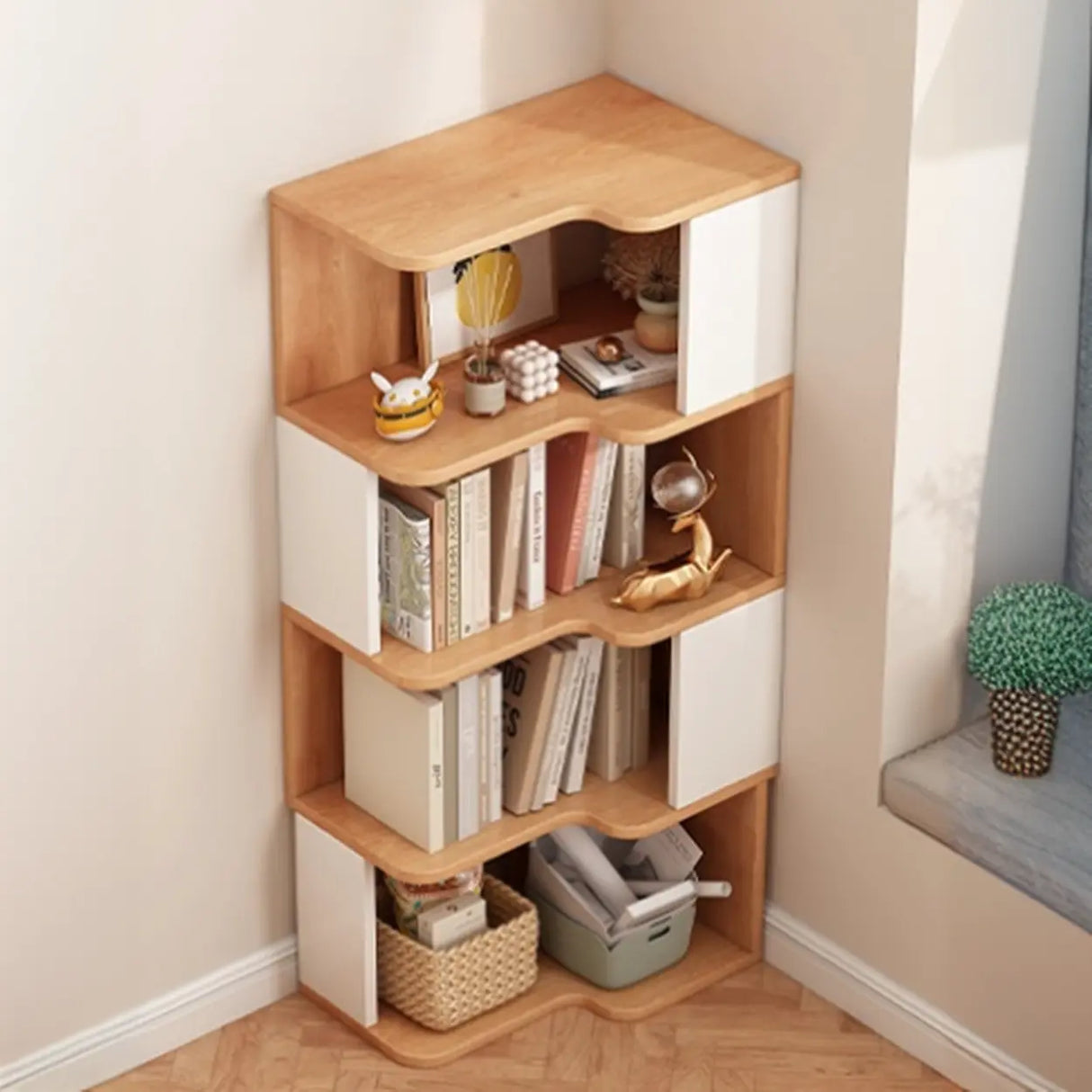 Modern Kids Room Open Back Vertical Wood Corner Bookshelf Image - 13