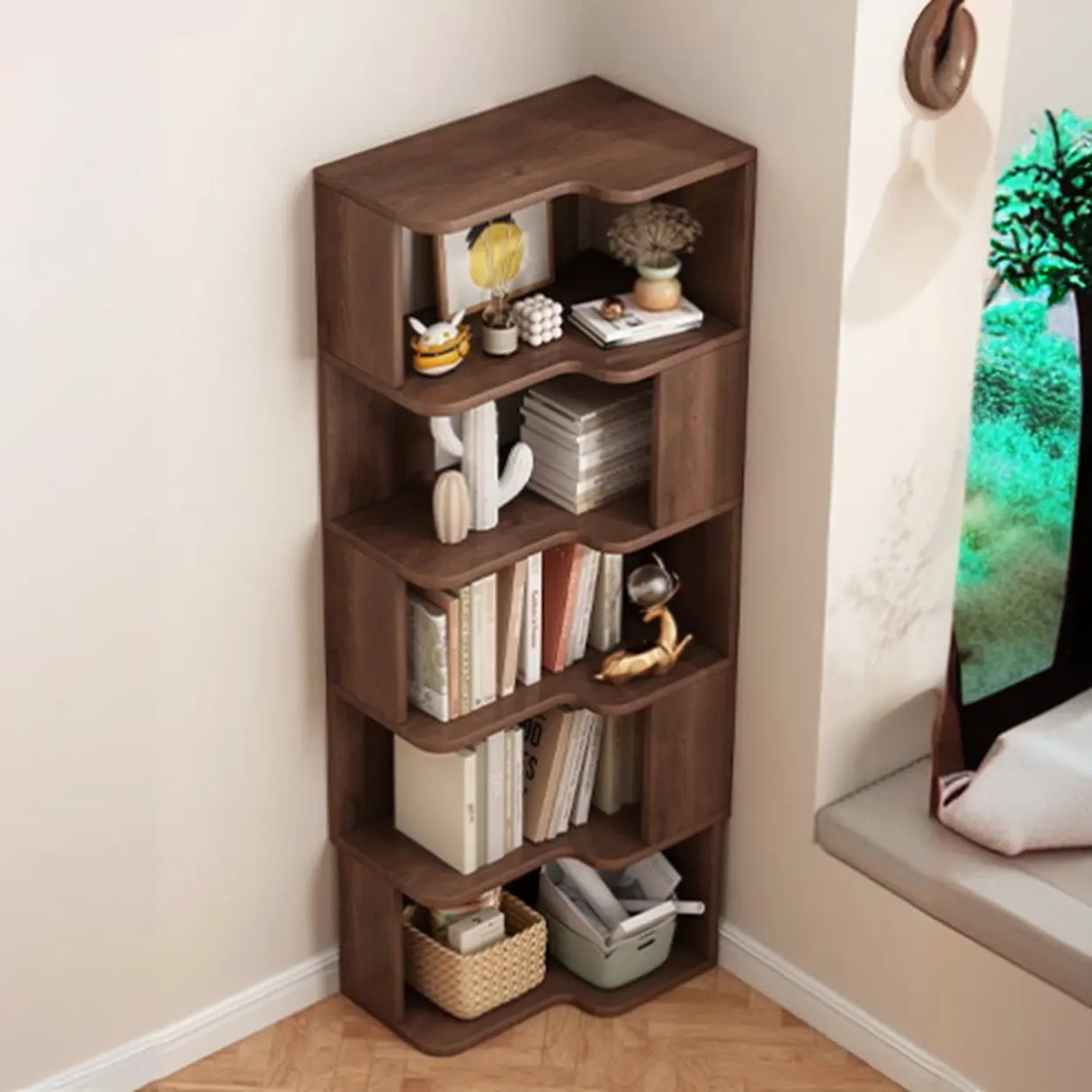 Modern Kids Room Open Back Vertical Wood Corner Bookshelf Image - 4