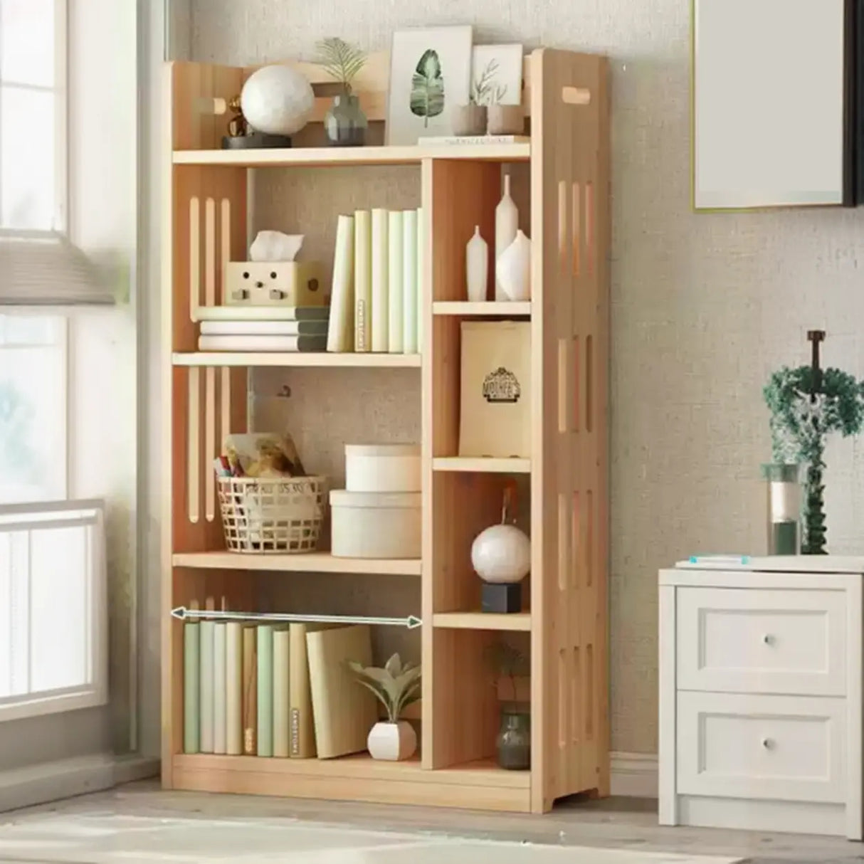 Modern Kids Room Vertical Wooden Natural Bookshelf Image - 2