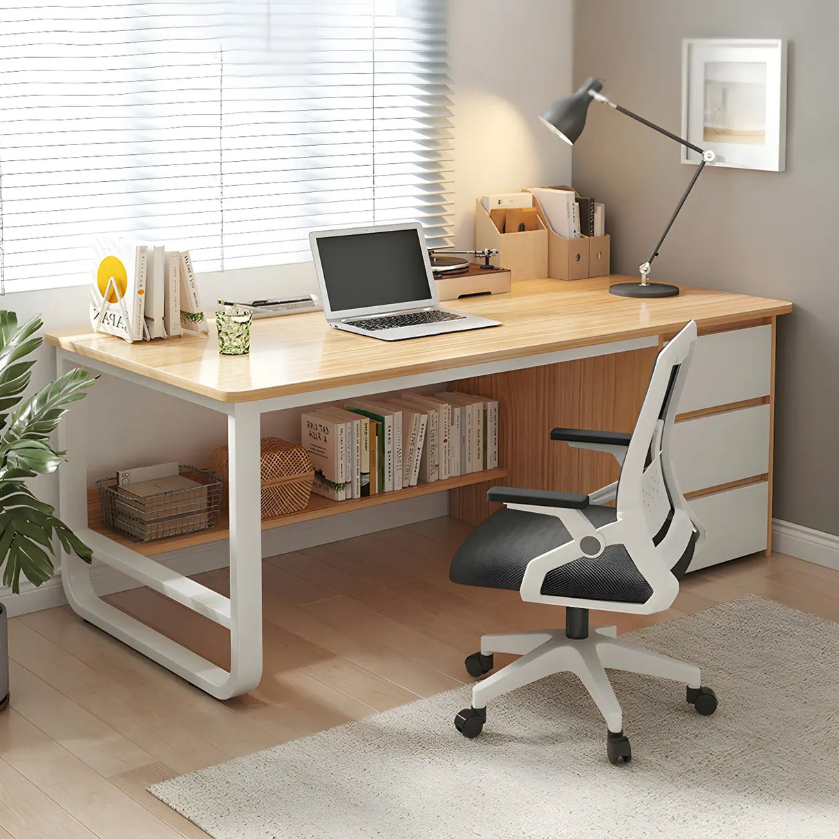 Modern L-Shaped White Wooden Desk with Drawers, 1-2 People Image - 10