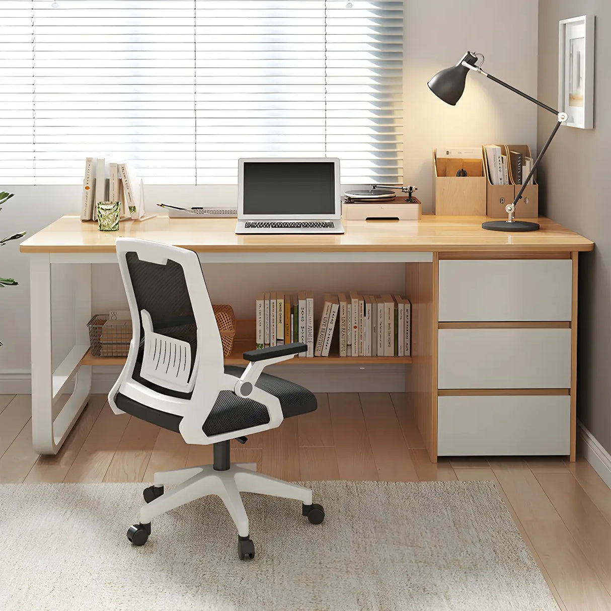 Modern L-Shaped White Wooden Desk with Drawers, 1-2 People Image - 11