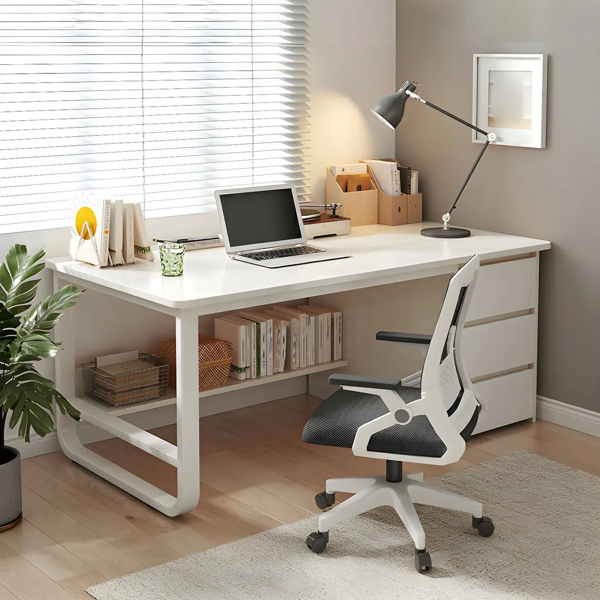 Modern L-Shaped White Wooden Desk with Drawers, 1-2 People Image - 1