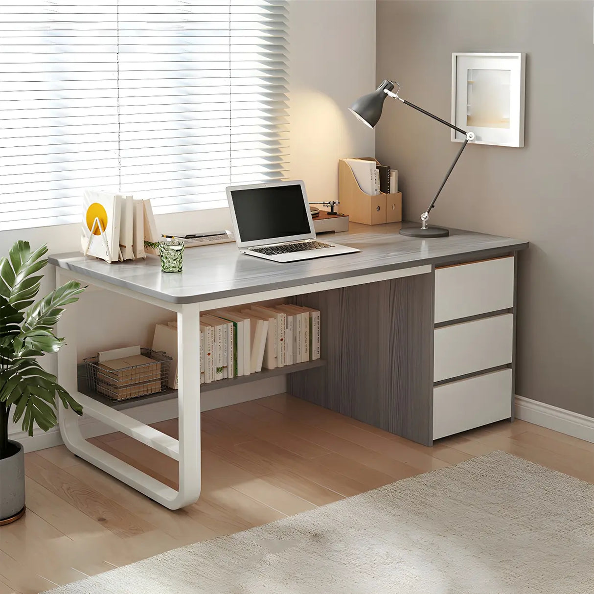 Modern L-Shaped White Wooden Desk with Drawers, 1-2 People Image - 2