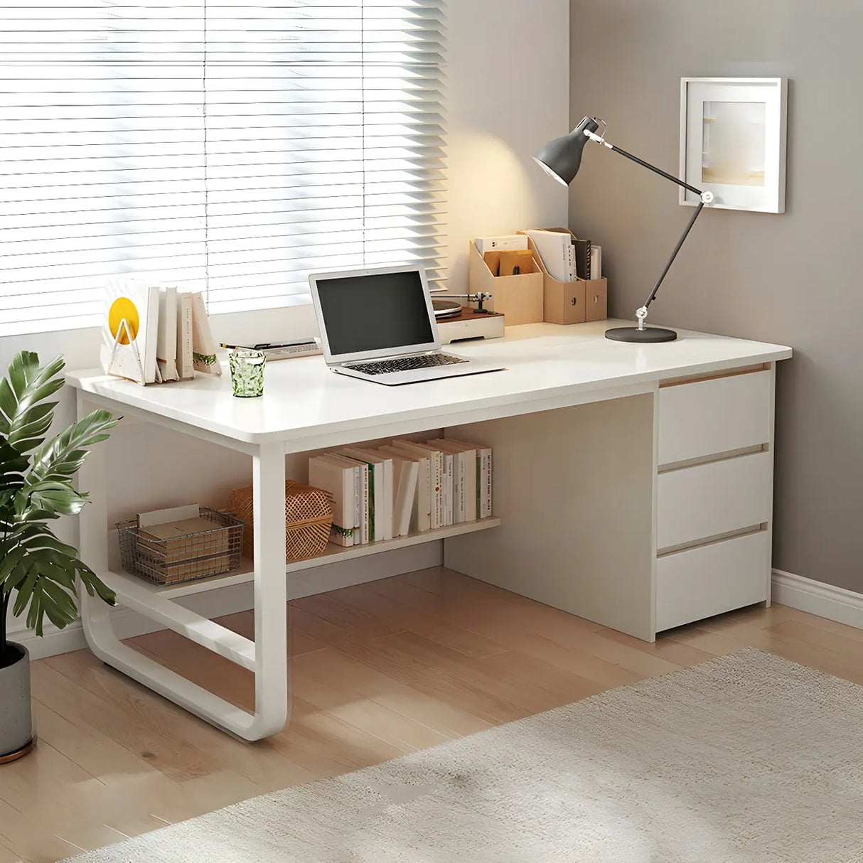 Modern L-Shaped White Wooden Desk with Drawers, 1-2 People Image - 3