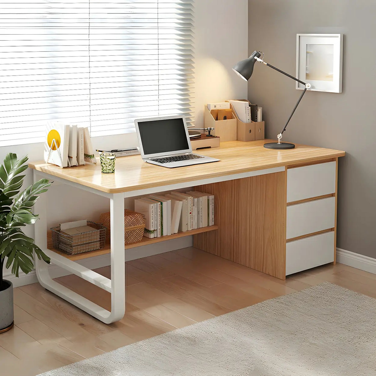 Modern L-Shaped White Wooden Desk with Drawers, 1-2 People Image - 4
