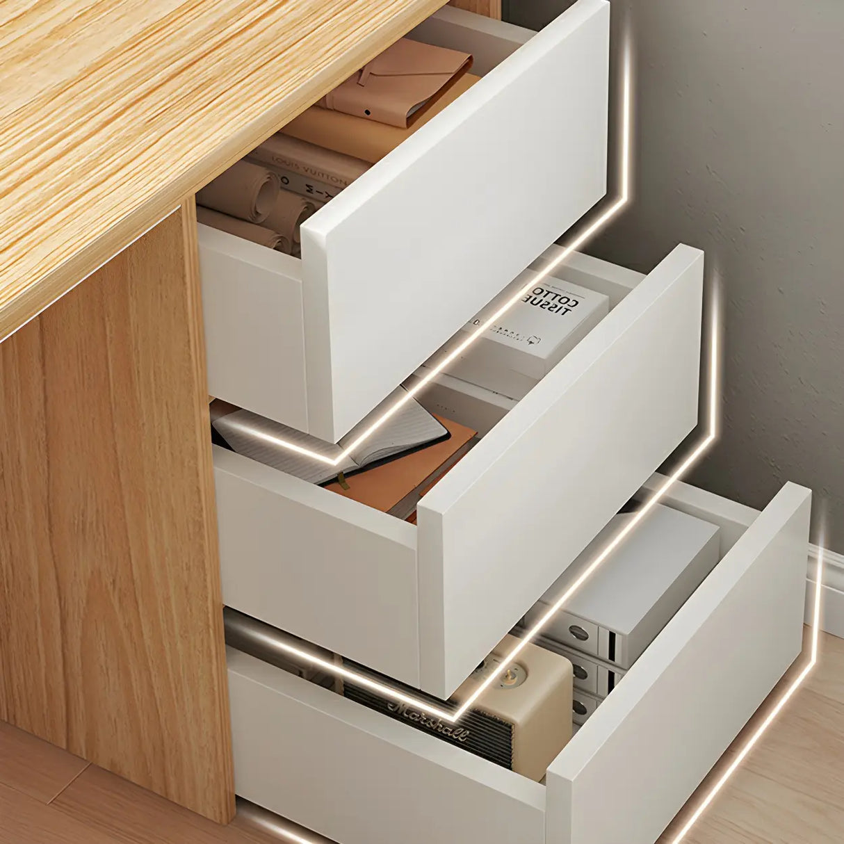Modern L-Shaped White Wooden Desk with Drawers, 1-2 People Image - 6