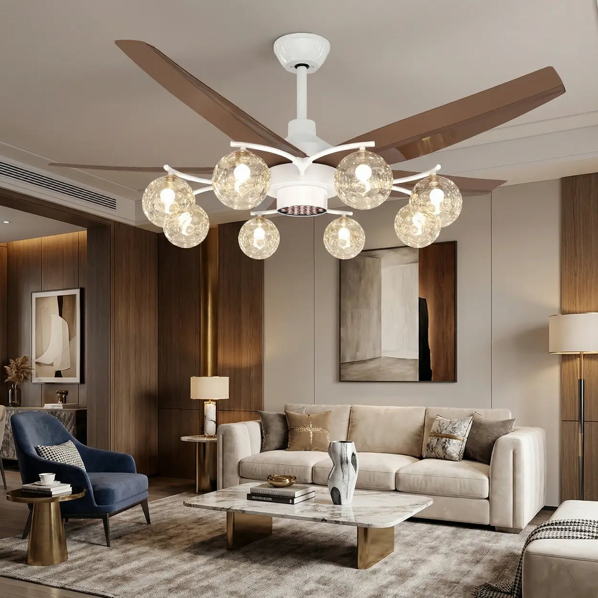 Modern Large 5-Blade Reversible Glass Globe Ceiling Fan Light Image - 1