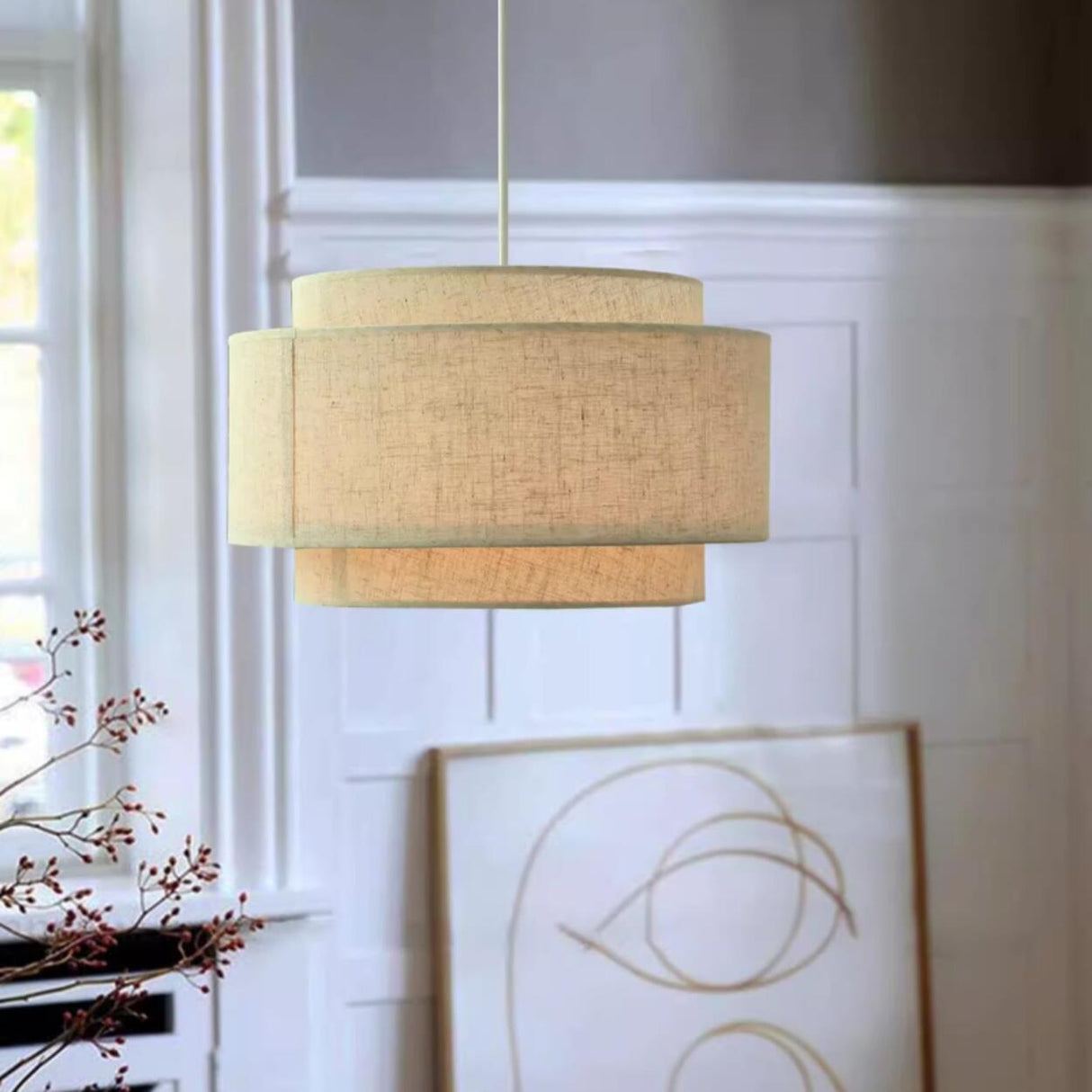 Modern Layered Fabric Drum Pendant Light Adjustable Cord Image - 1