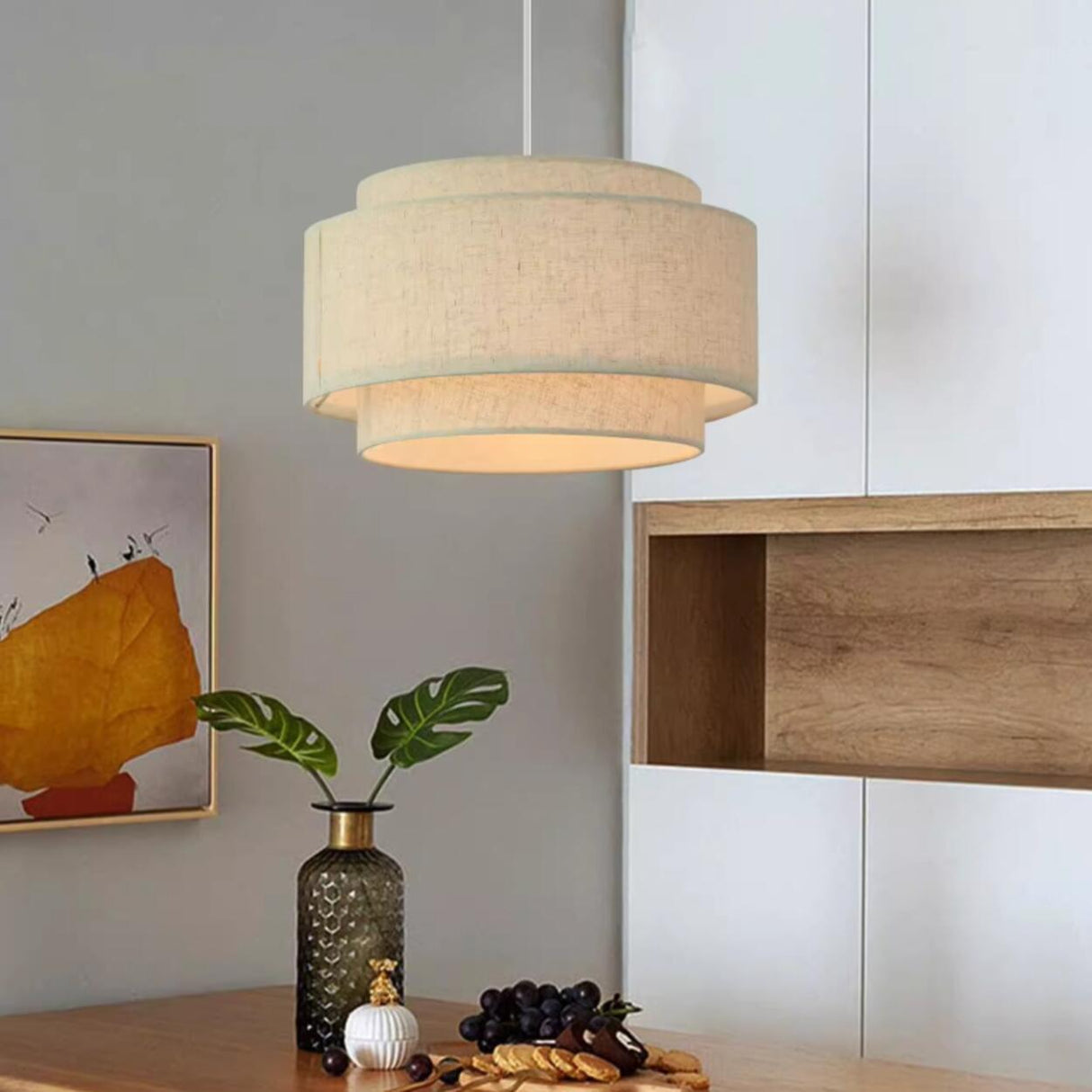 Modern Layered Fabric Drum Pendant Light Adjustable Cord Image - 4