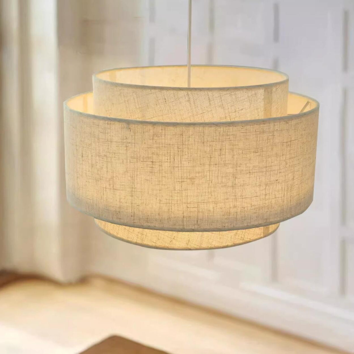 Modern Layered Fabric Drum Pendant Light Adjustable Cord Image - 7