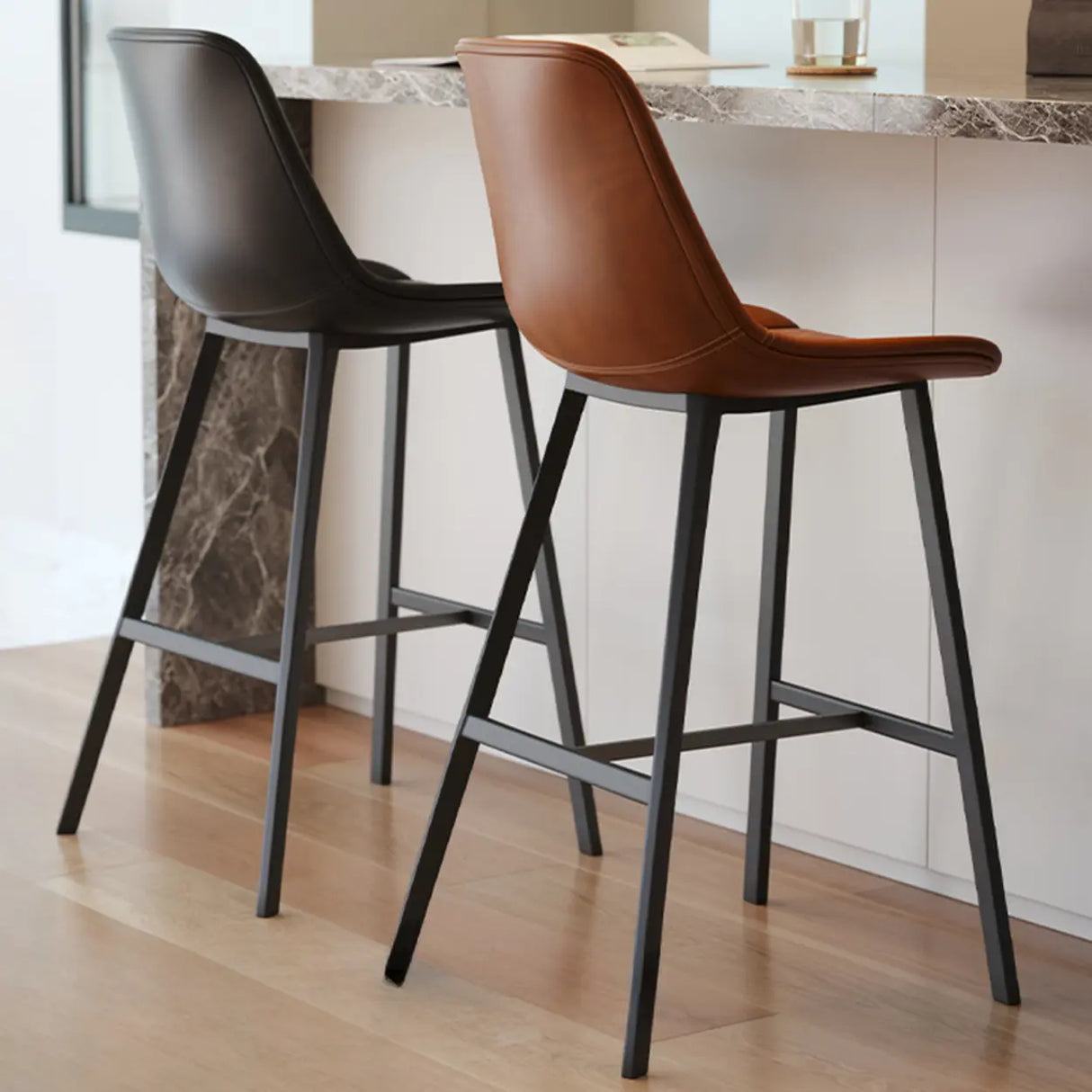Modern Leather Counter Height Bar Stool with High Back Image - 6
