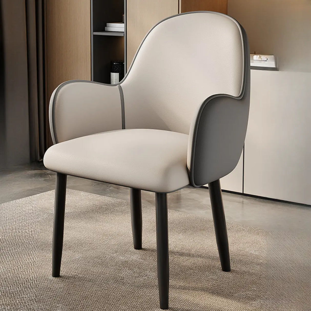 Modern Leather Upholstered Dining Chair with Armrests Image - 2