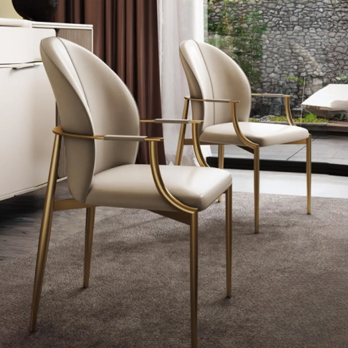 Modern Leather Upholstered Ergonomic Back Arm Dining Chair Image - 2