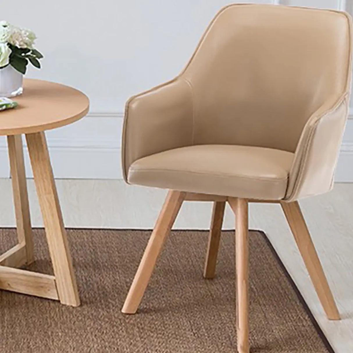 Modern Leather Upholstered Swivel Dining Chair with Wood Legs Image - 4