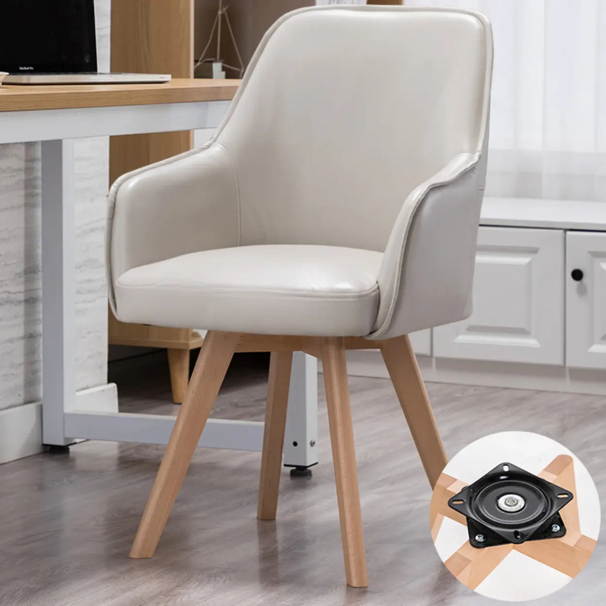Modern Leather Upholstered Swivel Dining Chair with Wood Legs Image - 5