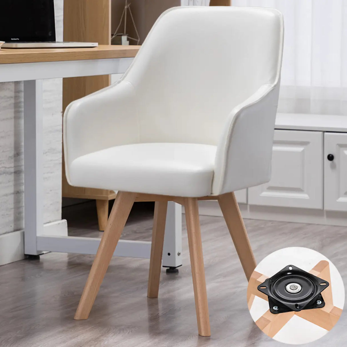 Modern Leather Upholstered Swivel Dining Chair with Wood Legs Image - 9