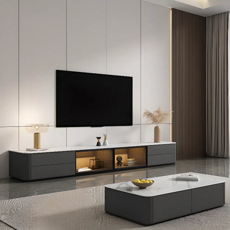 Modern LED TV Stand with Drawers and Glass Cabinet Doors Image - 1